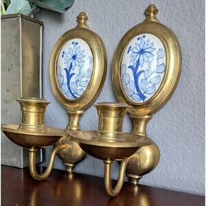 Gold Brass Delft Wall Sconce Set candle holder Blue White Porcelain Vtg Pair